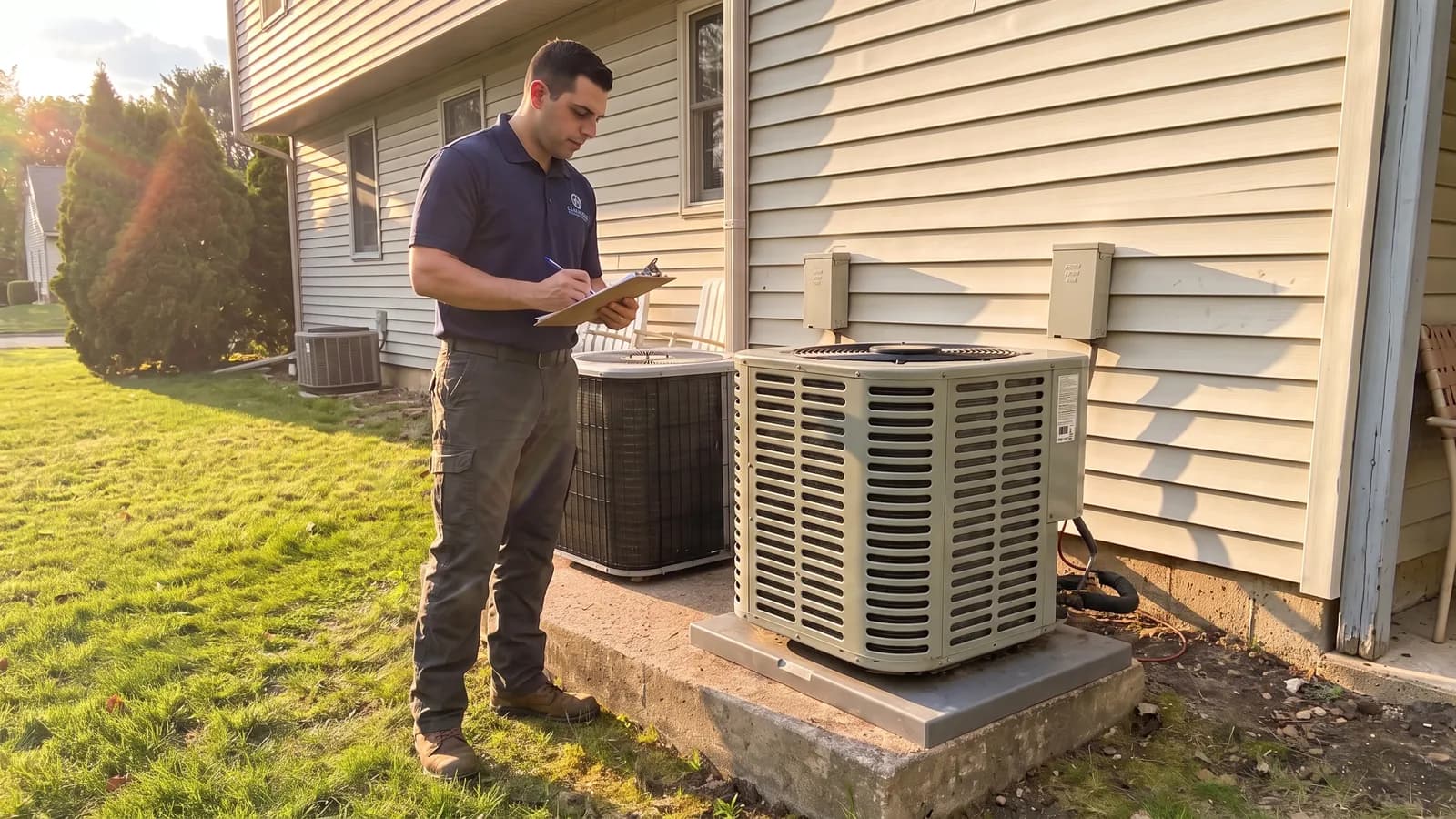 HVAC technician evaluating an aging residential AC condenser in late-afternoon light in Massachusetts