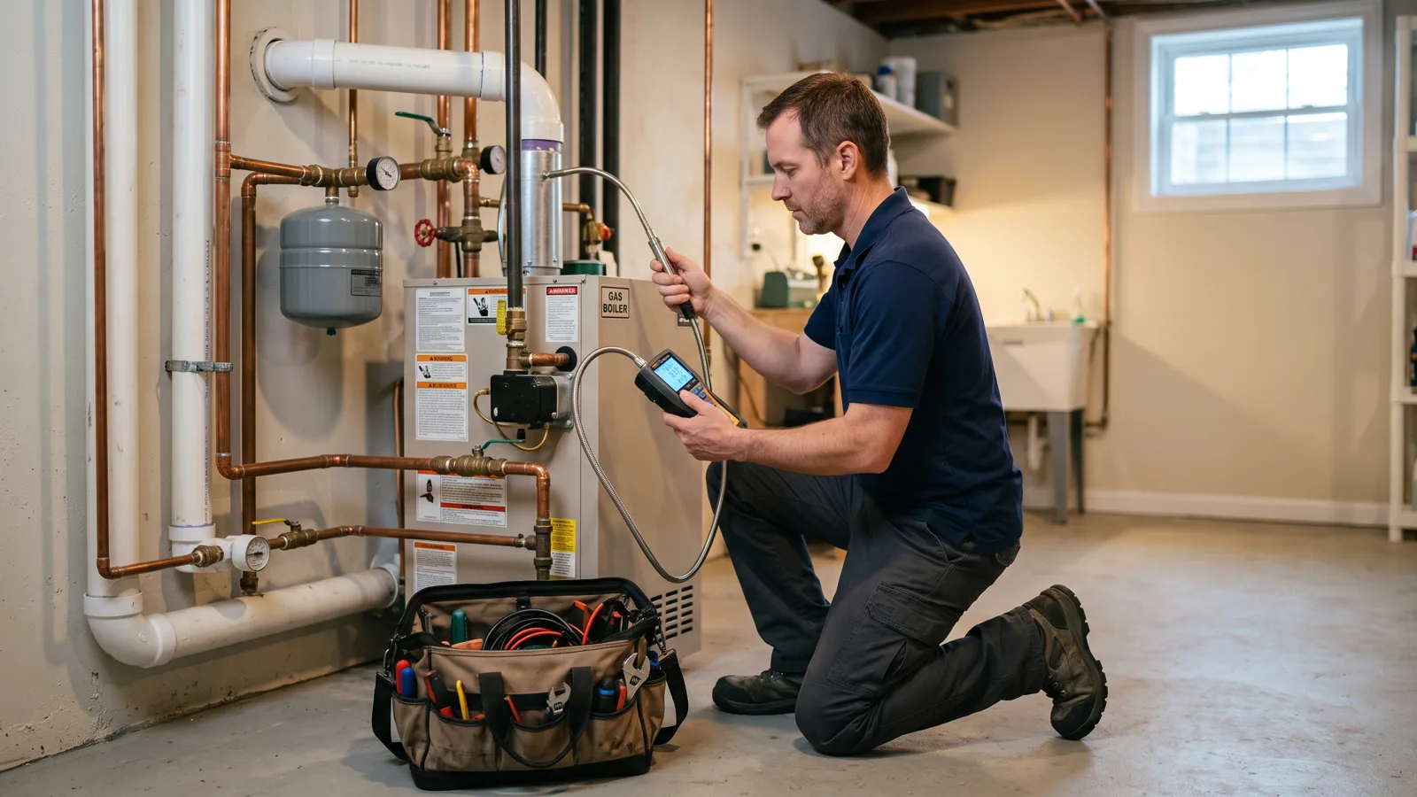 Technician performing a combustion test on a residential gas boiler in a Massachusetts basement