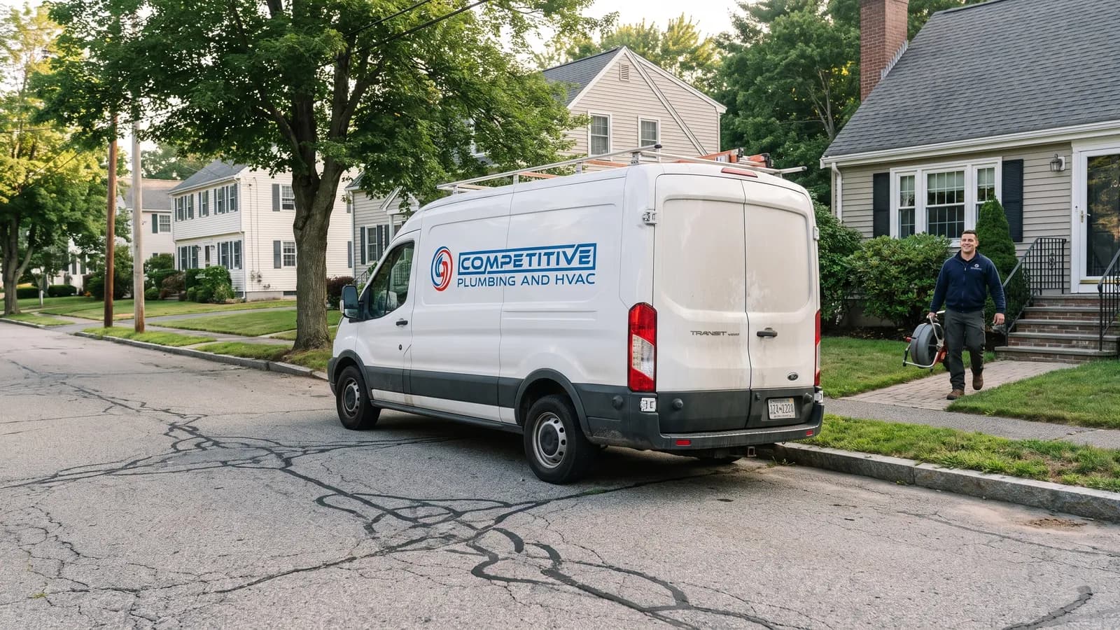 Competitive Plumbing & HVAC technician and service van on a drain cleaning call at a Massachusetts home