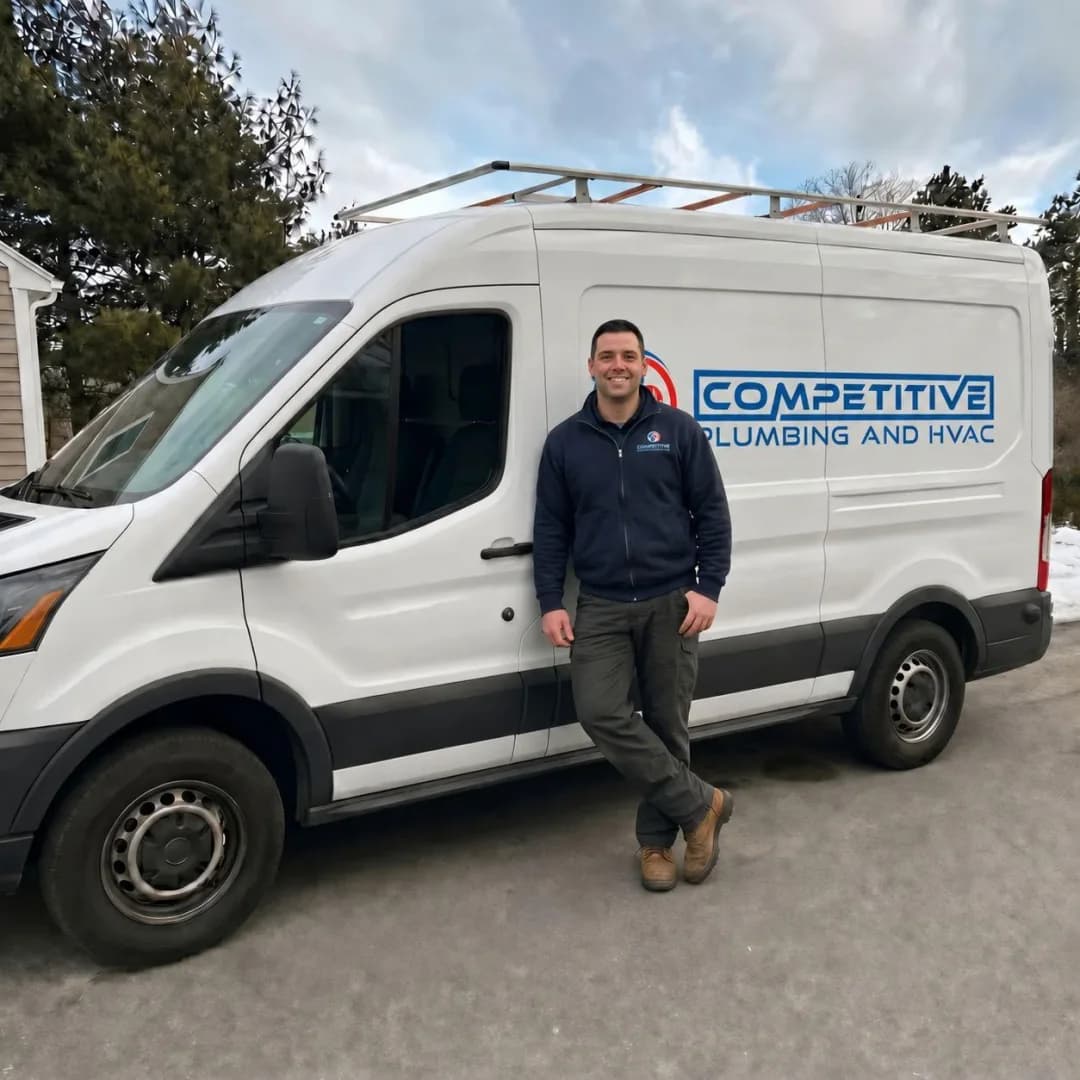Competitive Plumbing & HVAC technician leaning on the company service van