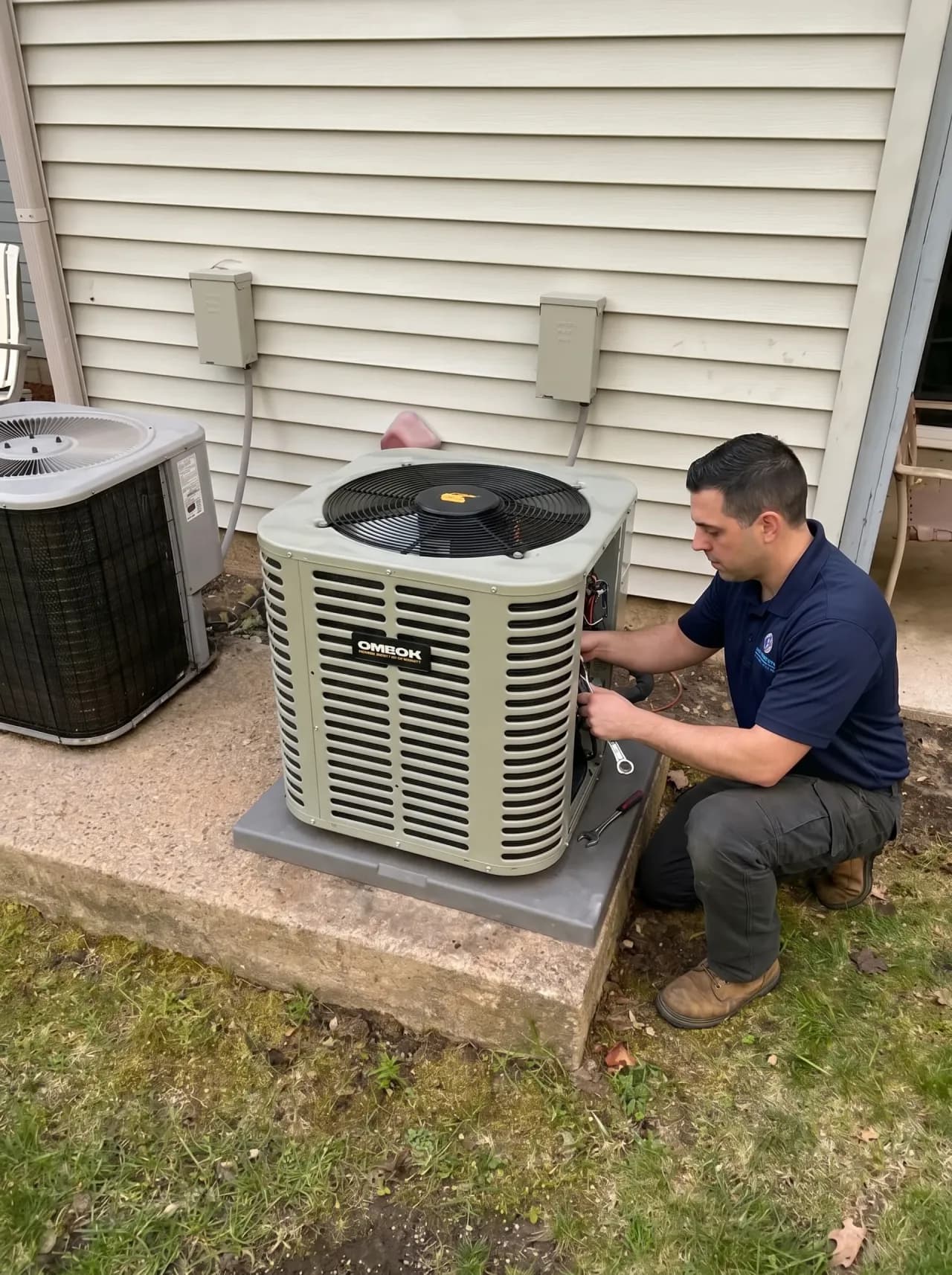 Competitive Plumbing & HVAC technician installing a residential central AC condenser
